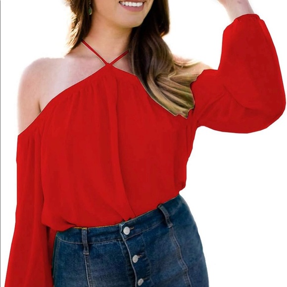 Red halter off the shoulder top - Picture 3 of 3